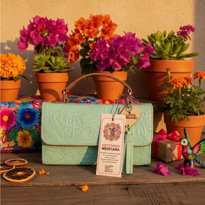 Green Mint Sunflower Embossed Tooled Artisan LEATHER Crossbody Handbag Purse